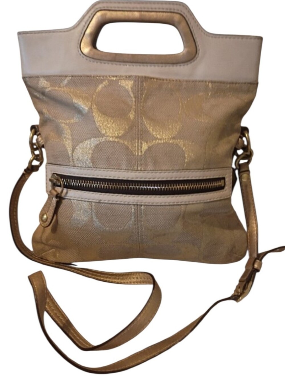 Coach Bonnie Cashin 2008 Metallic Gold & Beige Signature Foldover Crossbody Bag